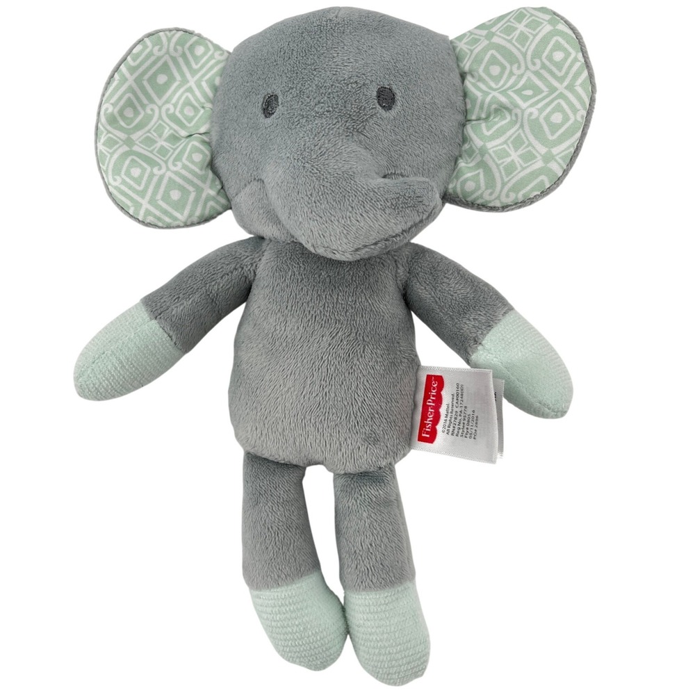 Fisher Price Plush Elephant Toy Gray Green Crinkle Ears Baby Soother